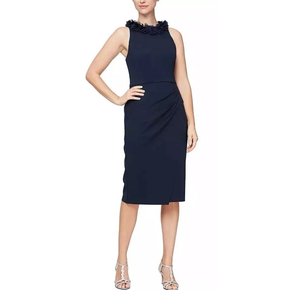 Alex & Eve Women's 3D Flowers Neck Knee-Length Dress Ruched Formal Evening 12